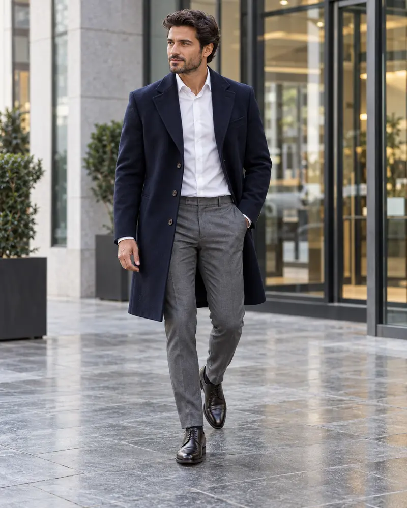 Navy Overcoat + White Shirt + Gray Trousers + Derby Shoes