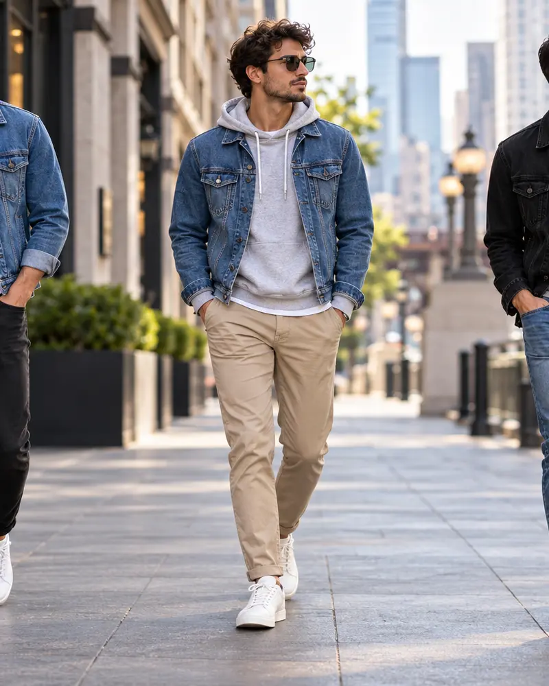 Denim Jacket + Hoodie + Chinos + Sneakers