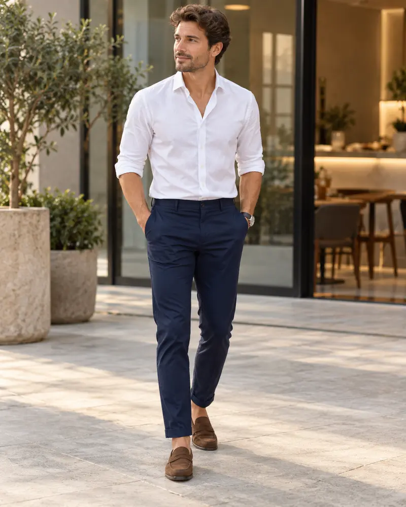 White Shirt + Navy Chinos + Brown Loafers