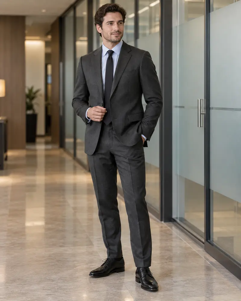 Charcoal Suit + Pale Blue Shirt + Black Derbies
