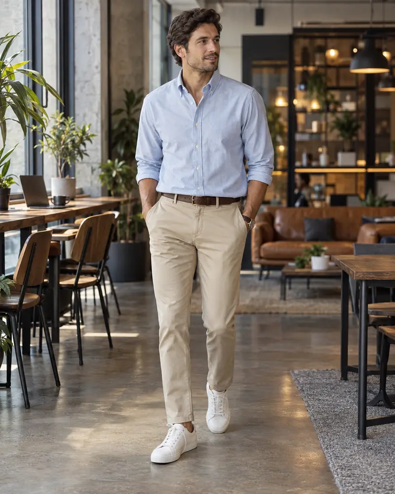 White Leather Sneakers + Chinos + Oxford Shirt