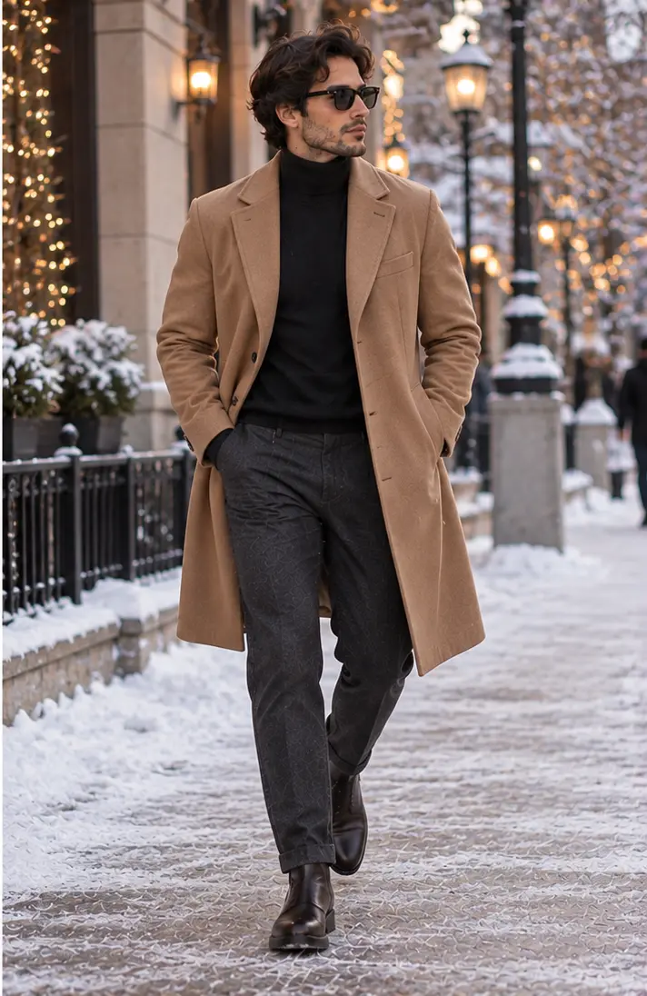 Camel Overcoat + Turtleneck + Wool Trousers + Chelsea Boots