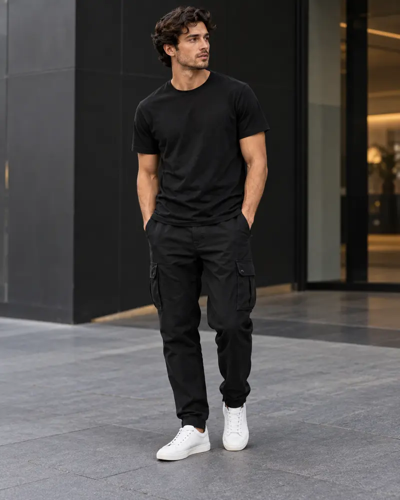 Black Cargo Pants + Black T-Shirt + Minimal Sneakers