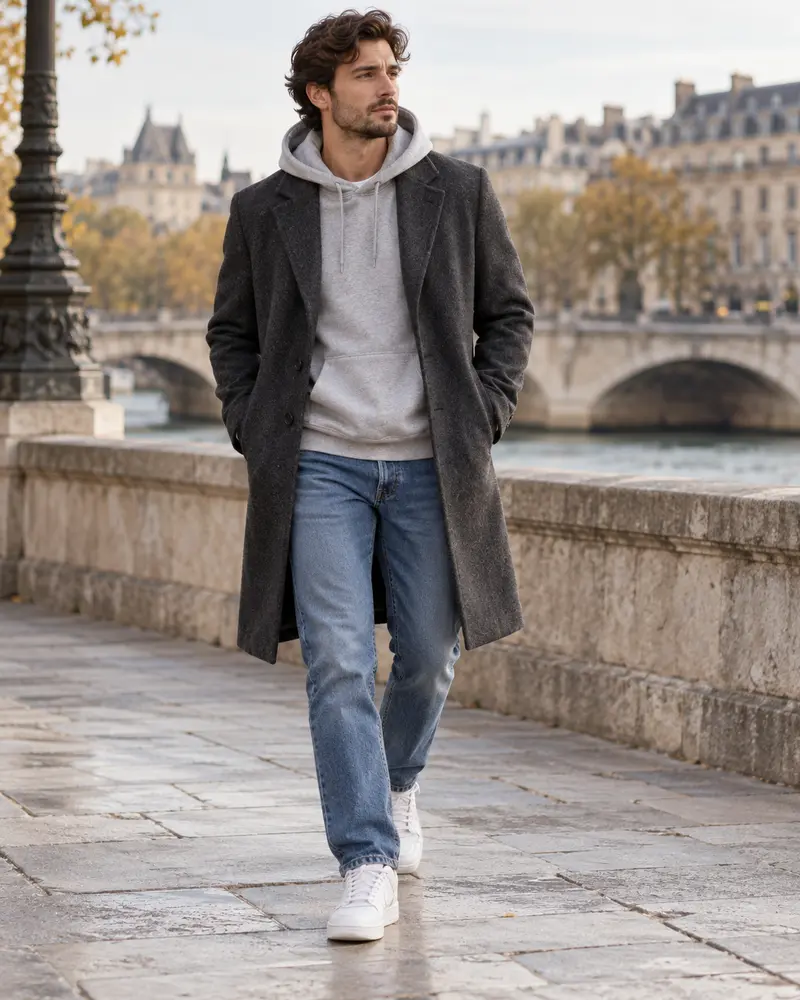 Charcoal Overcoat + Hoodie + Jeans + Sneakers