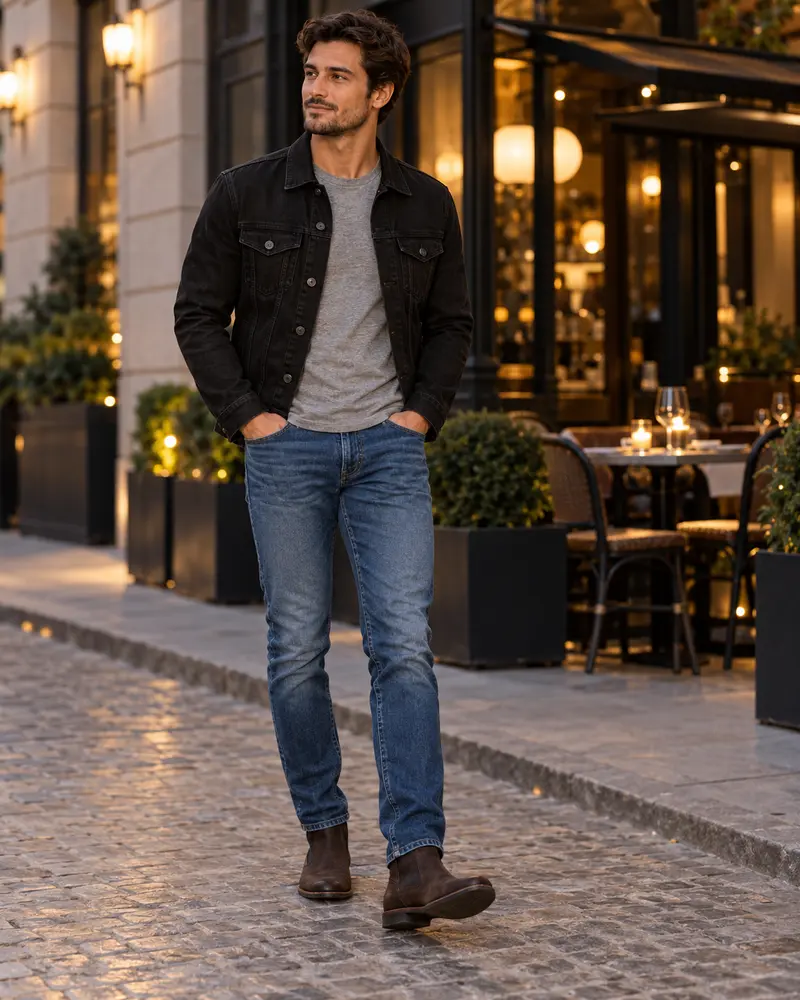 Black Denim Jacket + Gray T-Shirt + Blue Jeans + Boots