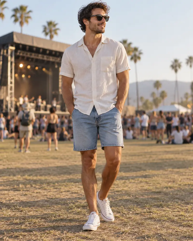 Canvas Sneakers + Denim Shorts + Casual Shirt