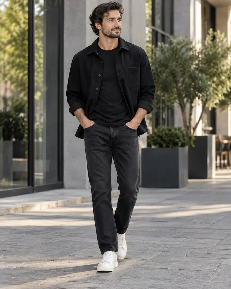 Black Overshirt + T-Shirt + Jeans + Sneakers