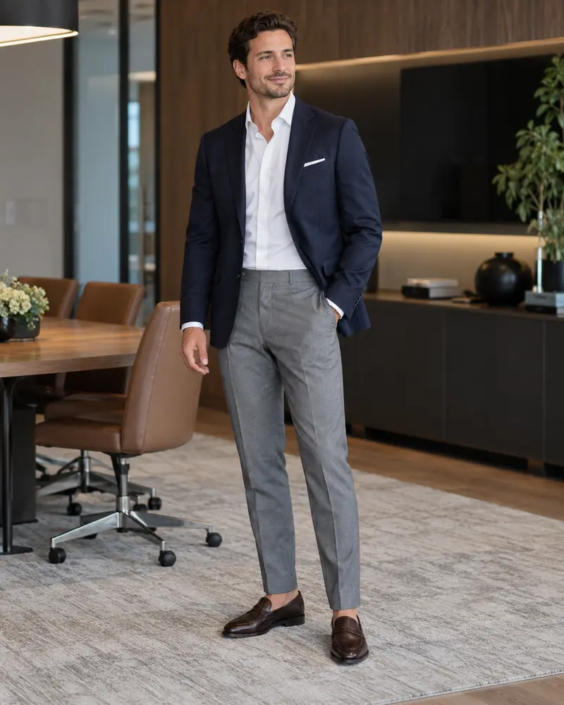 Navy Blazer + Grey Trousers + Loafers