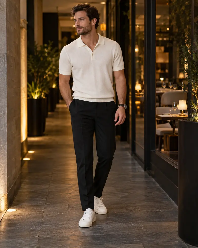 White Sneakers + Black Trousers + Knit Polo
