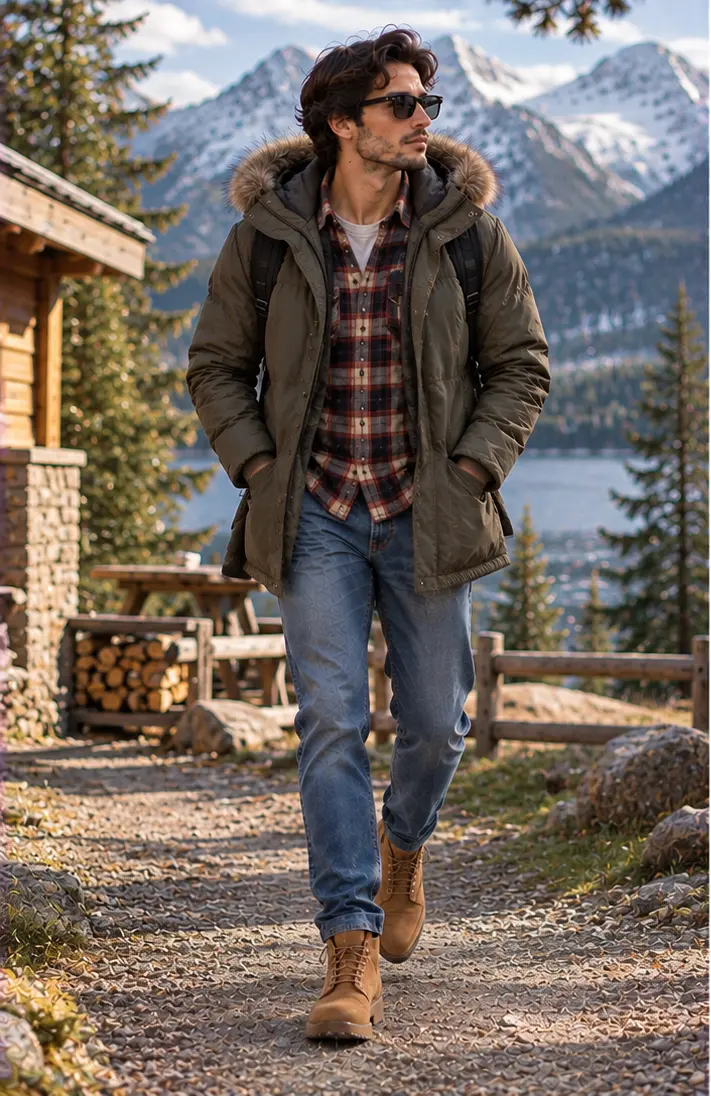 Parka + Flannel Shirt + Jeans + Work Boots