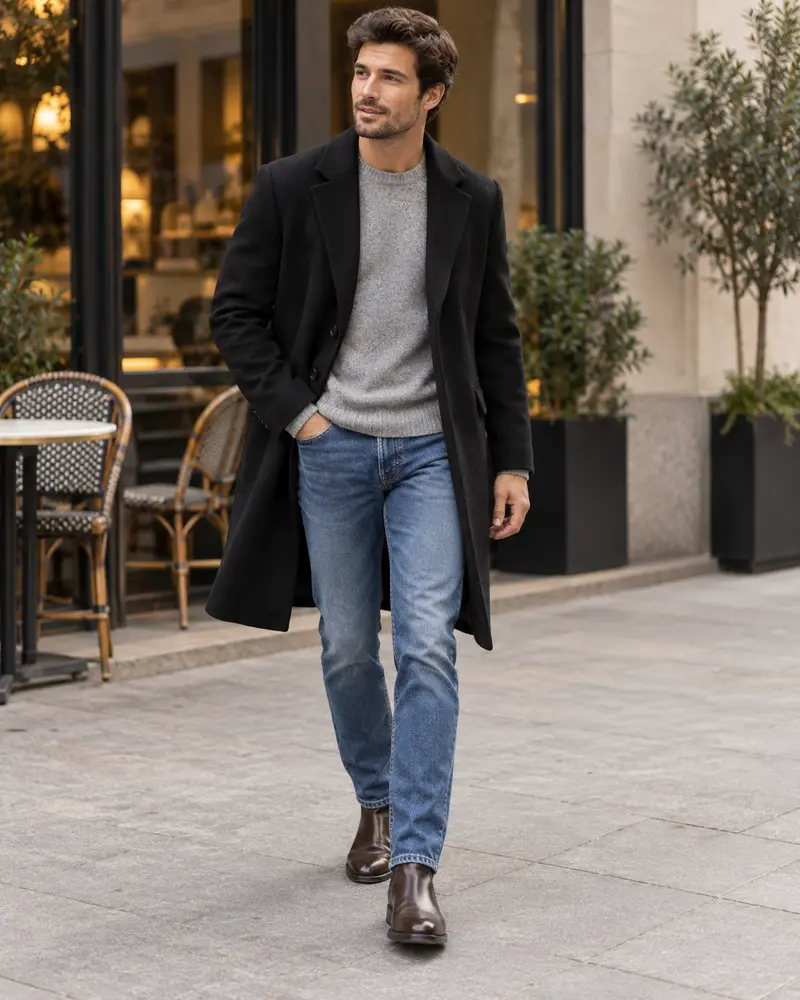 Black Overcoat + Crewneck Sweater + Blue Jeans + Boots