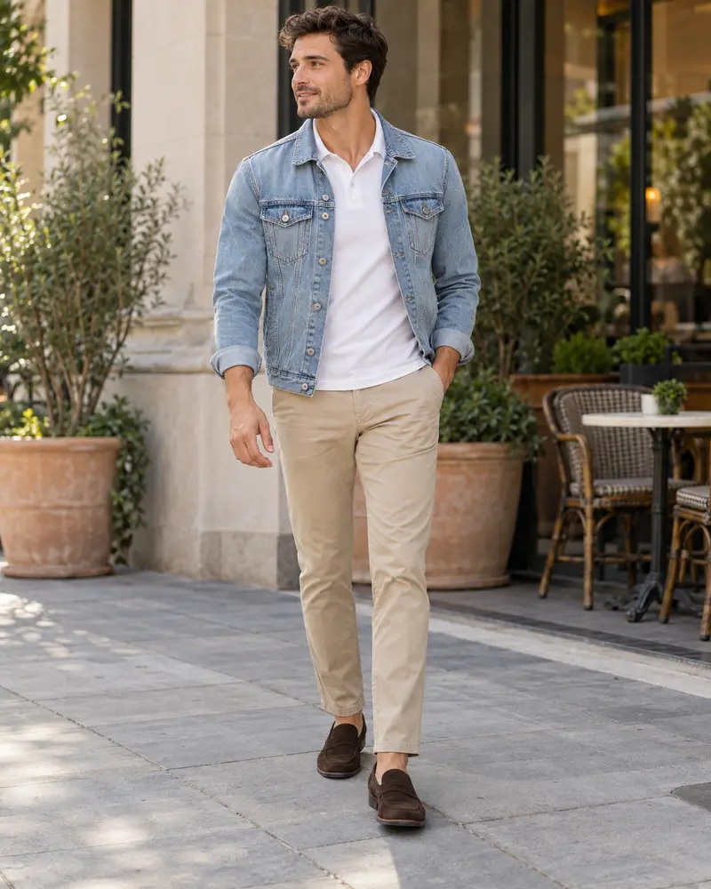 Light-Wash Denim Jacket + Polo Shirt + Chinos + Loafers