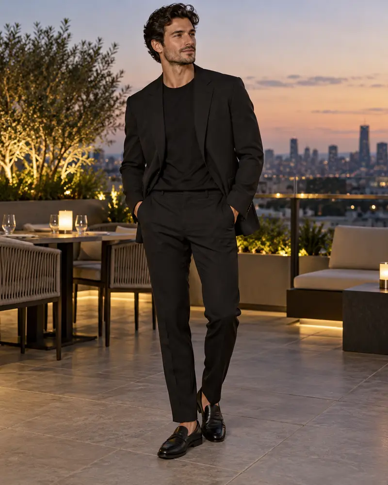 Black Blazer + Crewneck T-Shirt + Trousers + Loafers