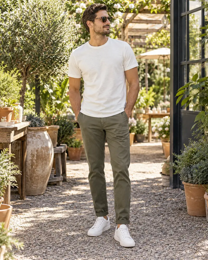 White Sneakers + Olive Pants + White or Cream Tee