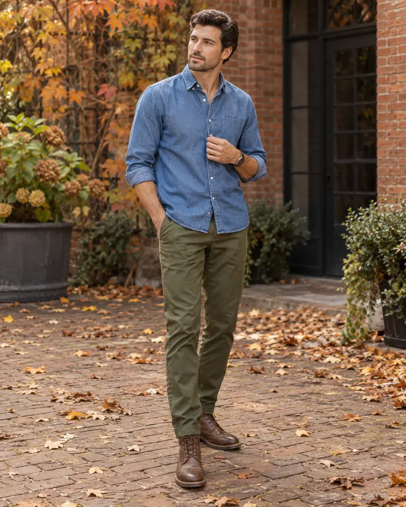 Chambray Shirt + Olive Pants + Brown Boots