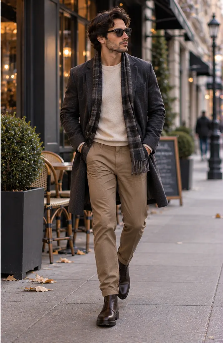 Wool Coat + Crewneck Sweater + Chinos + Leather Boots
