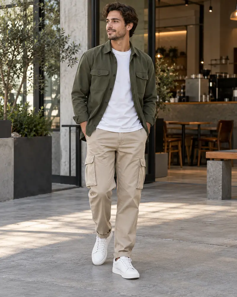 Cargo Pants + Overshirt + T-Shirt + Sneakers