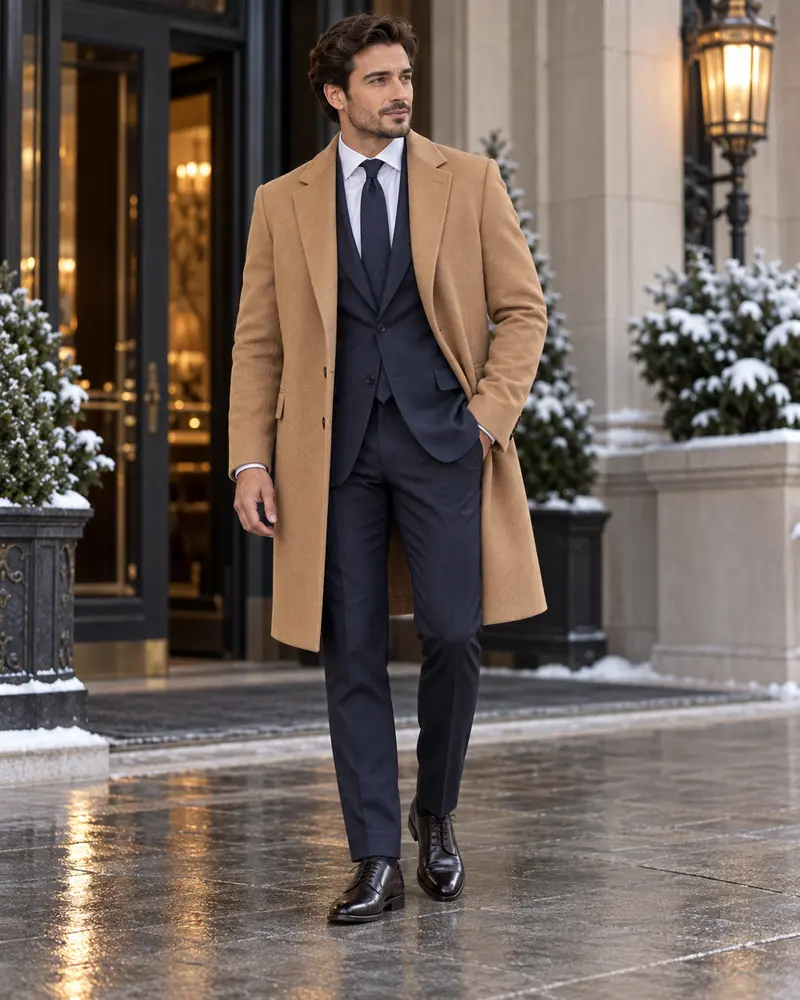 Camel Overcoat + Suit + Dress Shoes