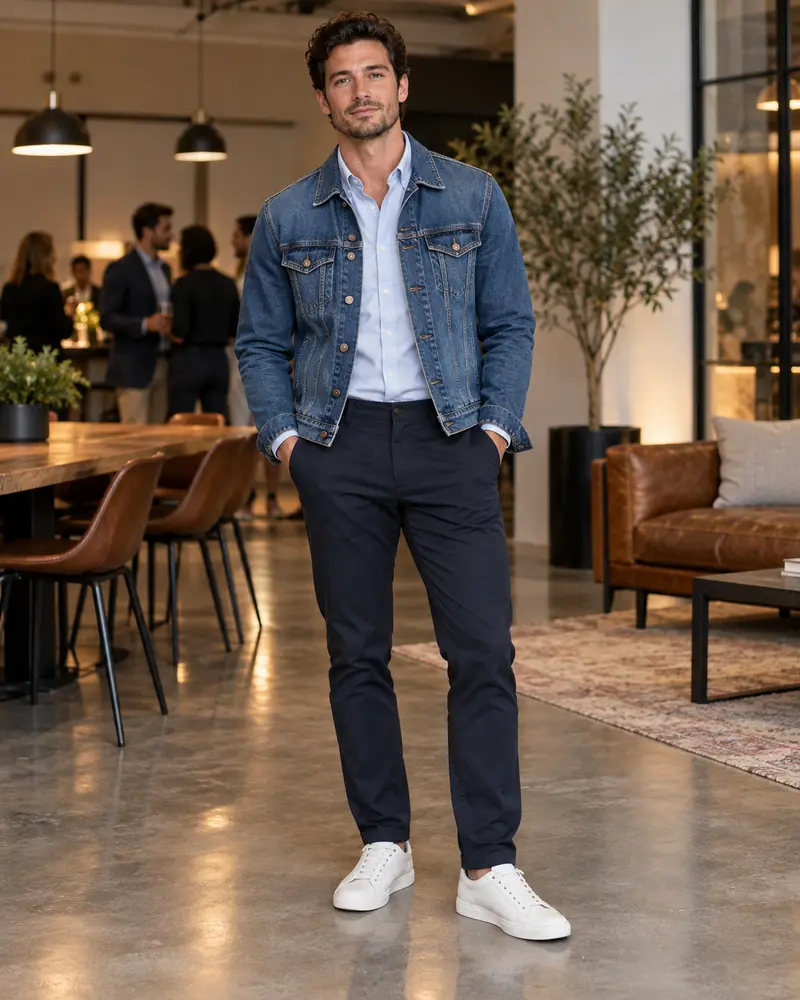 Denim Jacket + Oxford Shirt + Dark Trousers + Leather Sneakers