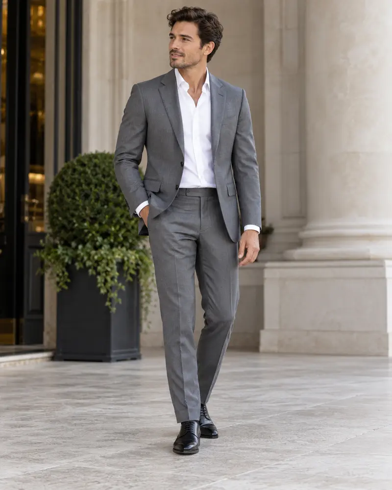 White Shirt + Gray Suit + Black Dress Shoes