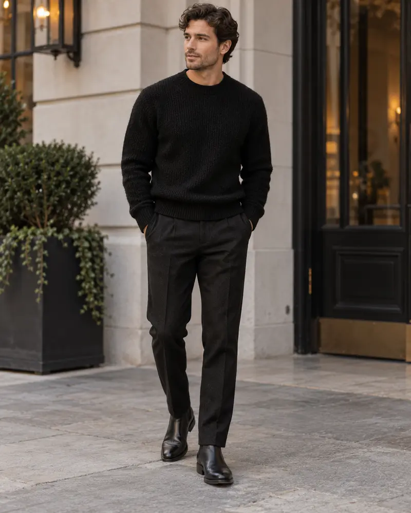 Black Knit Sweater + Wool Trousers + Chelsea Boots