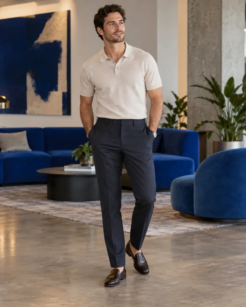 Fine-Knit Polo + Tailored Trousers + Loafers