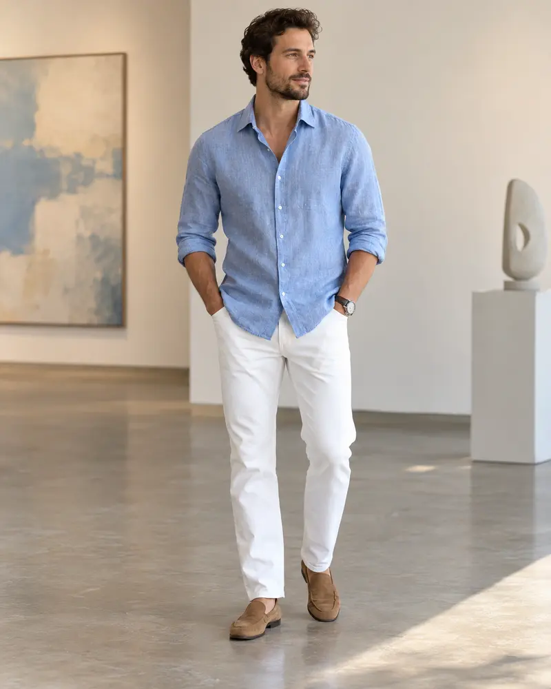 Blue Shirt + White Jeans + Loafers
