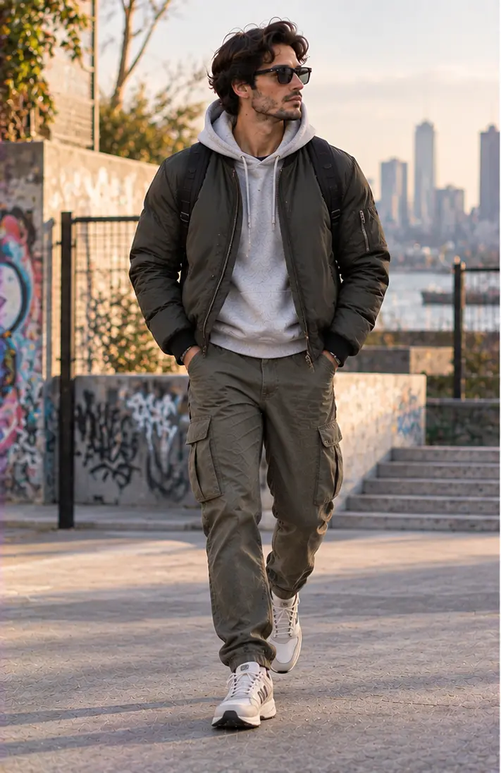Bomber Jacket + Hoodie + Cargo Pants + Sneakers