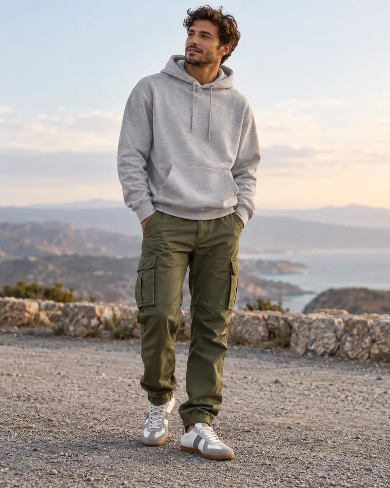 Olive Cargo Pants + Hoodie + Retro Trainers