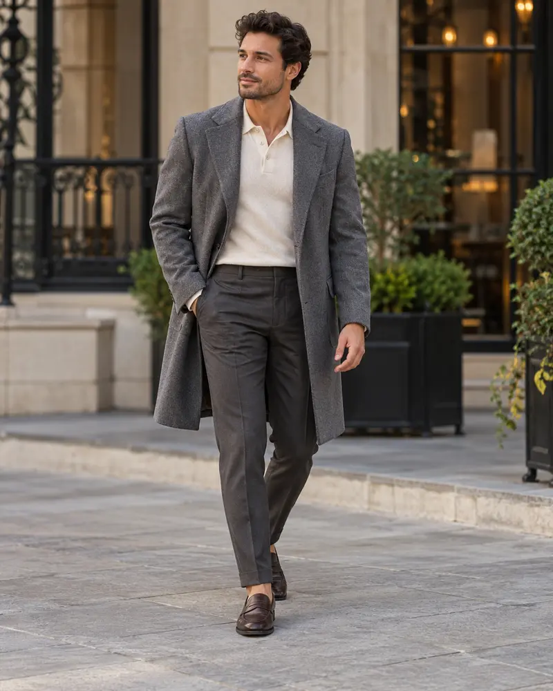 Gray Overcoat + Knit Polo + Tailored Trousers + Loafers