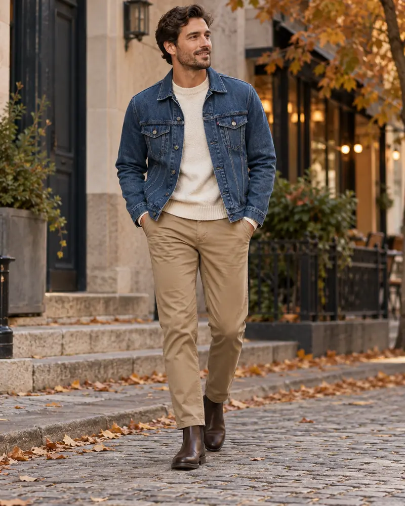 Denim Jacket + Crewneck Sweater + Chinos + Chelsea Boots