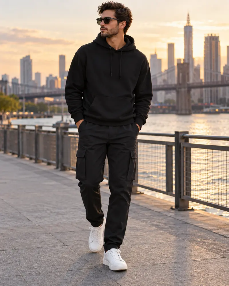 Black Hoodie + Cargo Pants + Minimal Sneakers