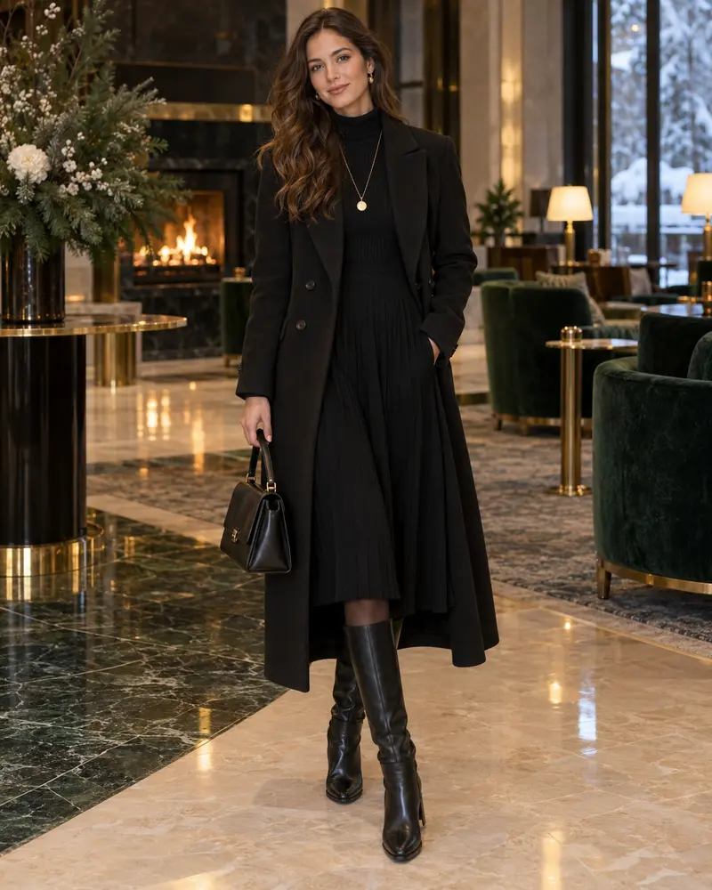 Long Coat + Knee-High Boots for Cold Weather