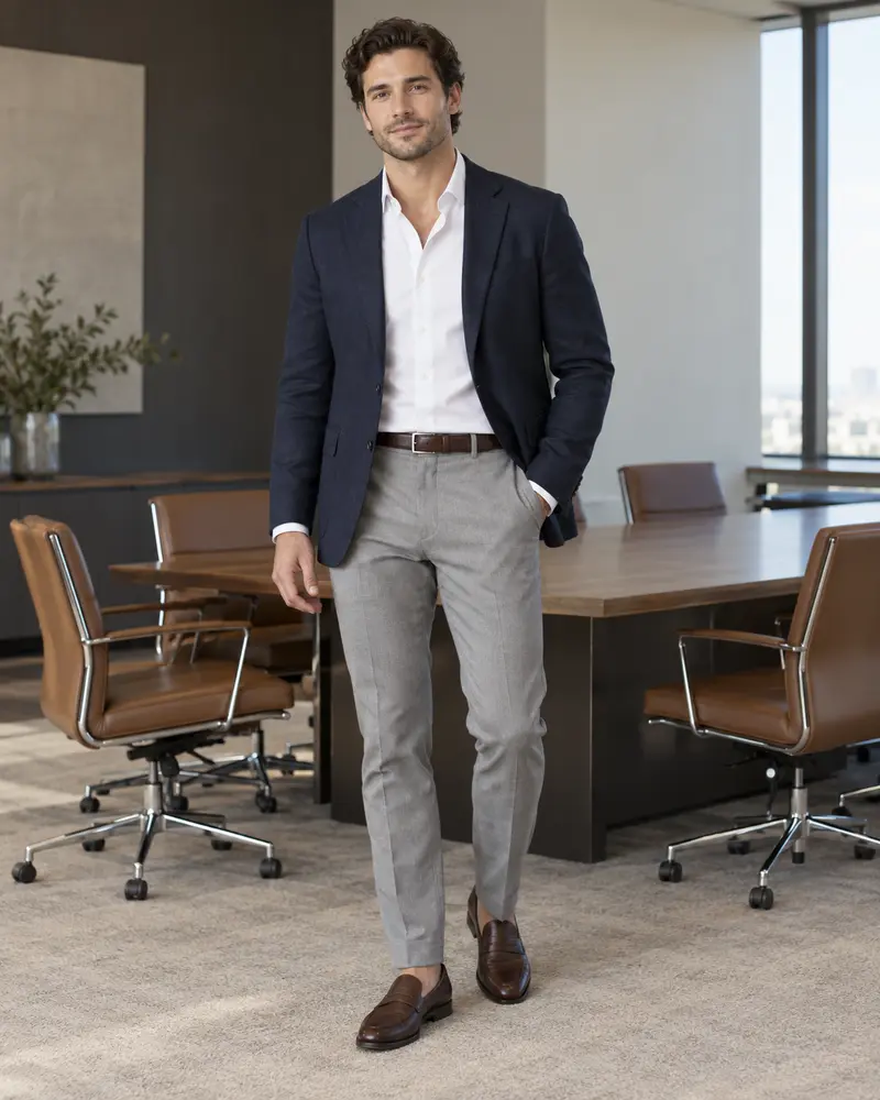 Unstructured Blazer + Open-Collar Shirt + Trousers