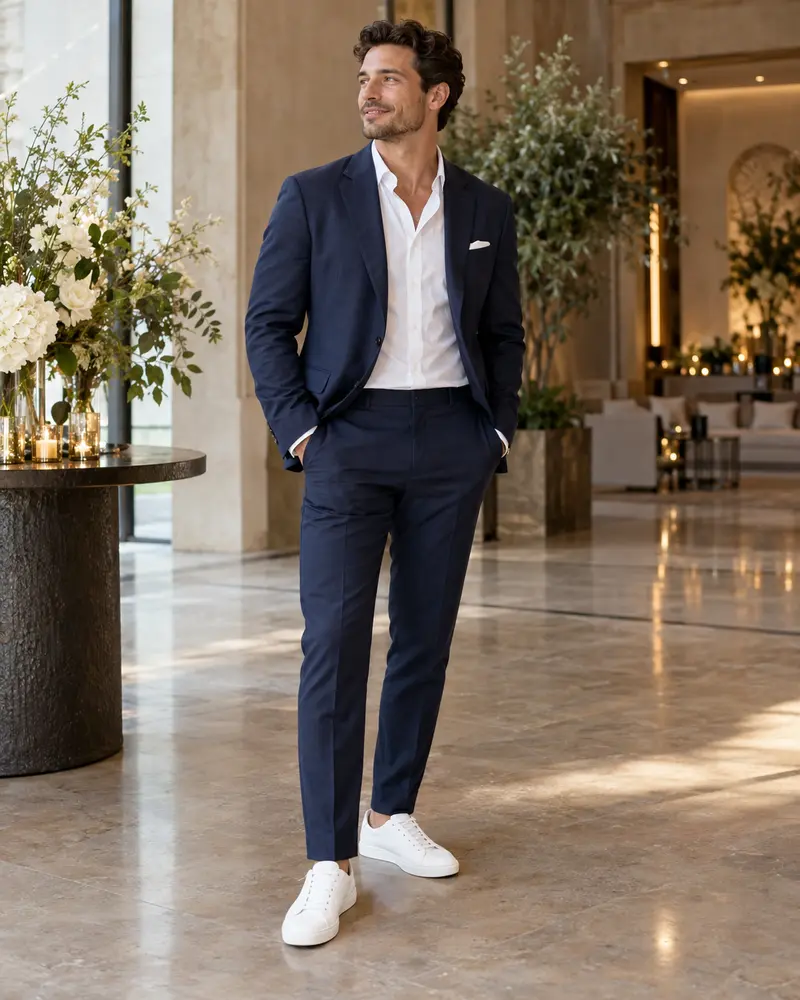 White Leather Sneakers + Navy Suit