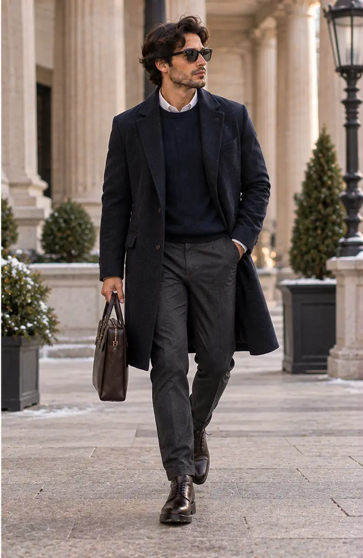 Navy Overcoat + White Shirt + Knit Sweater + Trousers + Derby Shoes