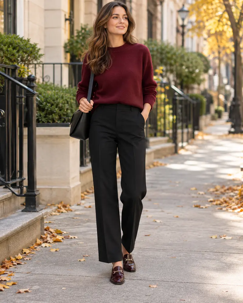Black Trousers + Burgundy Sweater + Loafers