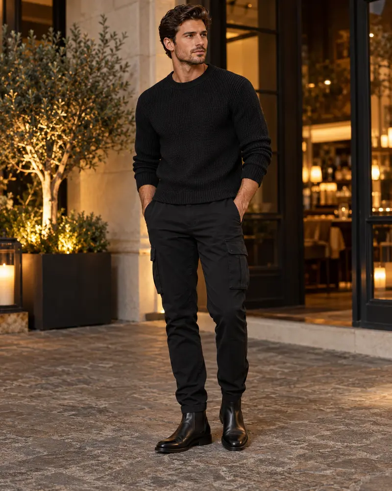 Black Cargo Pants + Knit Sweater + Chelsea Boots