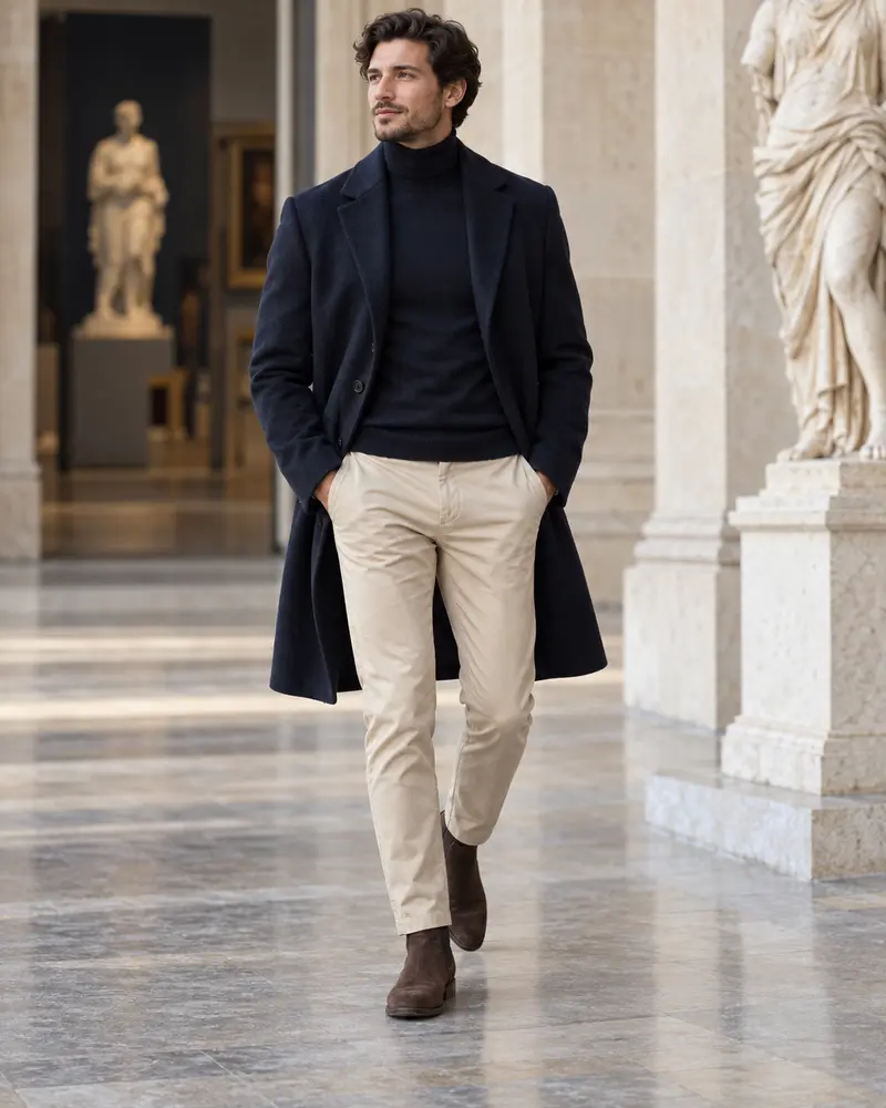 Navy Overcoat + Turtleneck + Chinos + Suede Boots