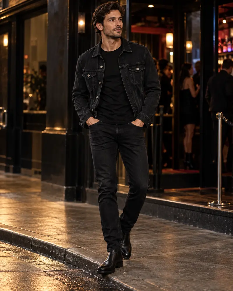 Dark Denim Jacket + Black T-Shirt + Black Jeans + Boots