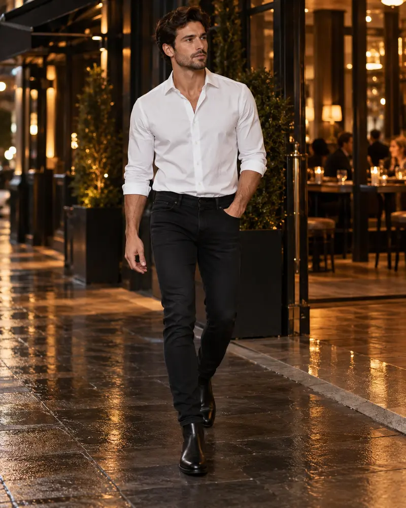 White Shirt + Black Jeans + Chelsea Boots
