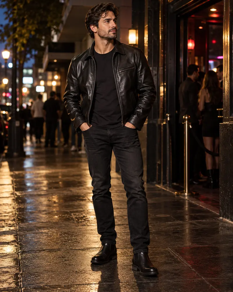 Black Leather Jacket + T-Shirt + Dark Jeans + Boots