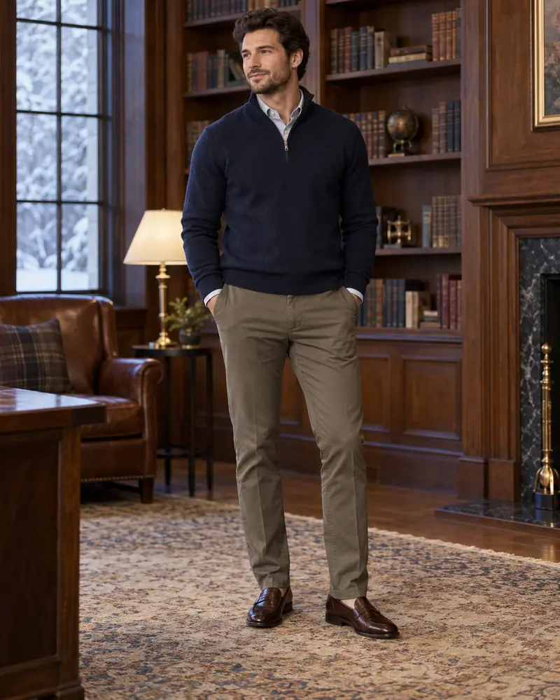 Quarter-Zip Knit + Collared Shirt + Chinos