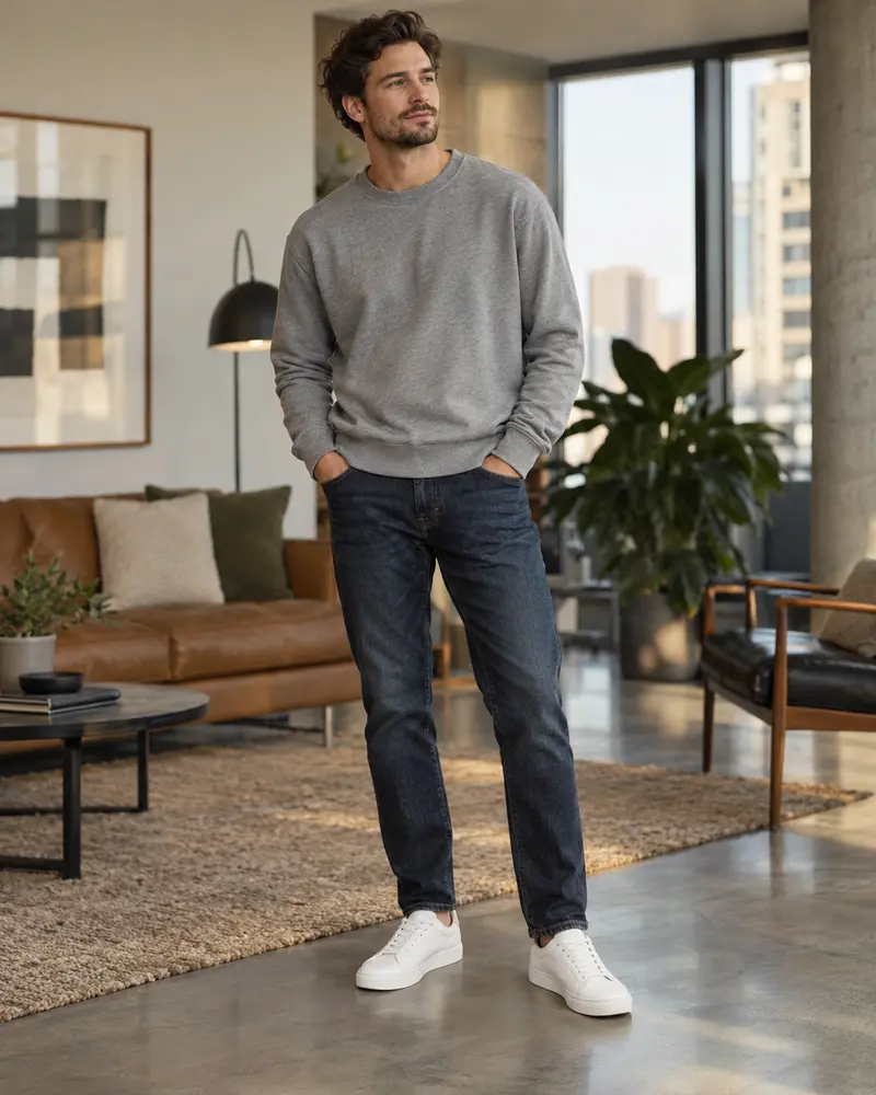 White Sneakers + Grey Sweatshirt + Dark Jeans