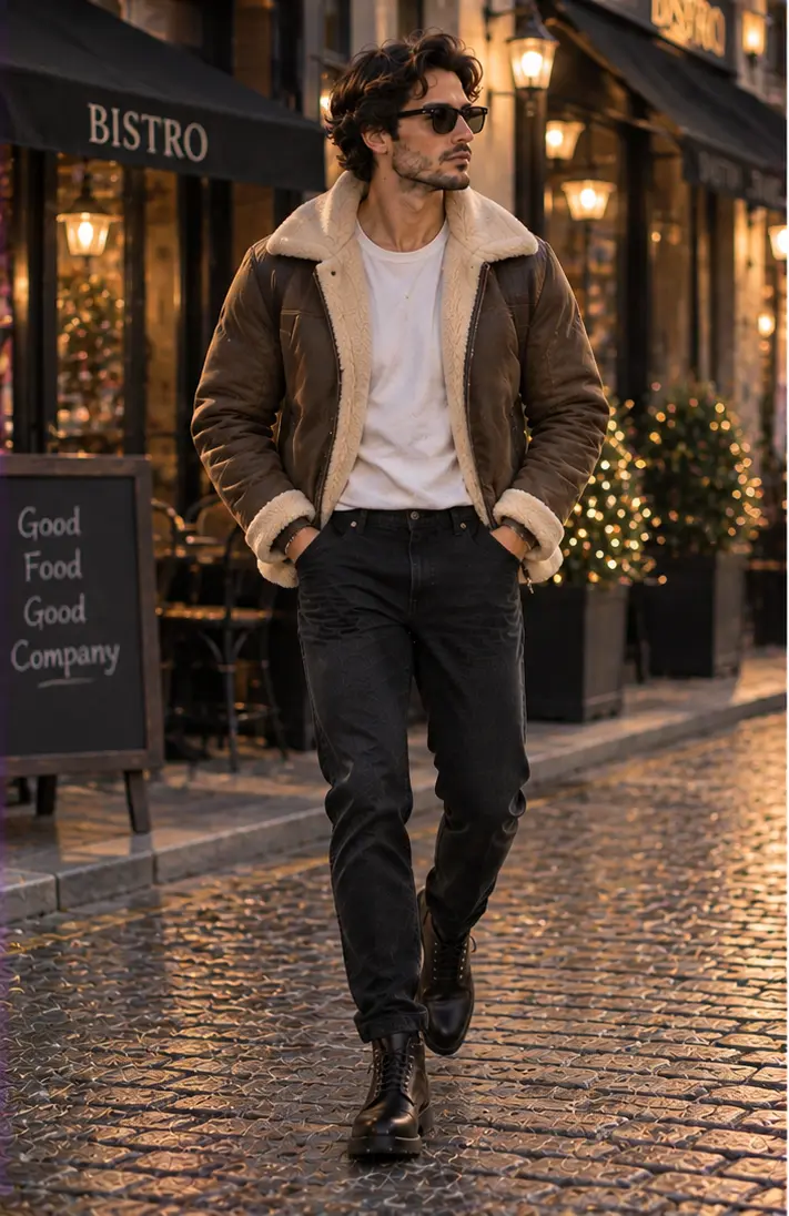 Shearling Jacket + T-Shirt + Black Jeans + Boots