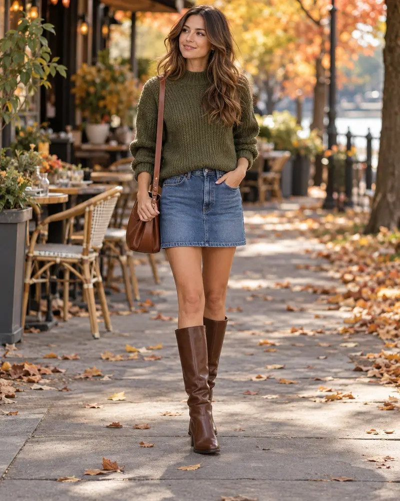 Brown Leather Boots + Denim Skirt + Knit Sweater