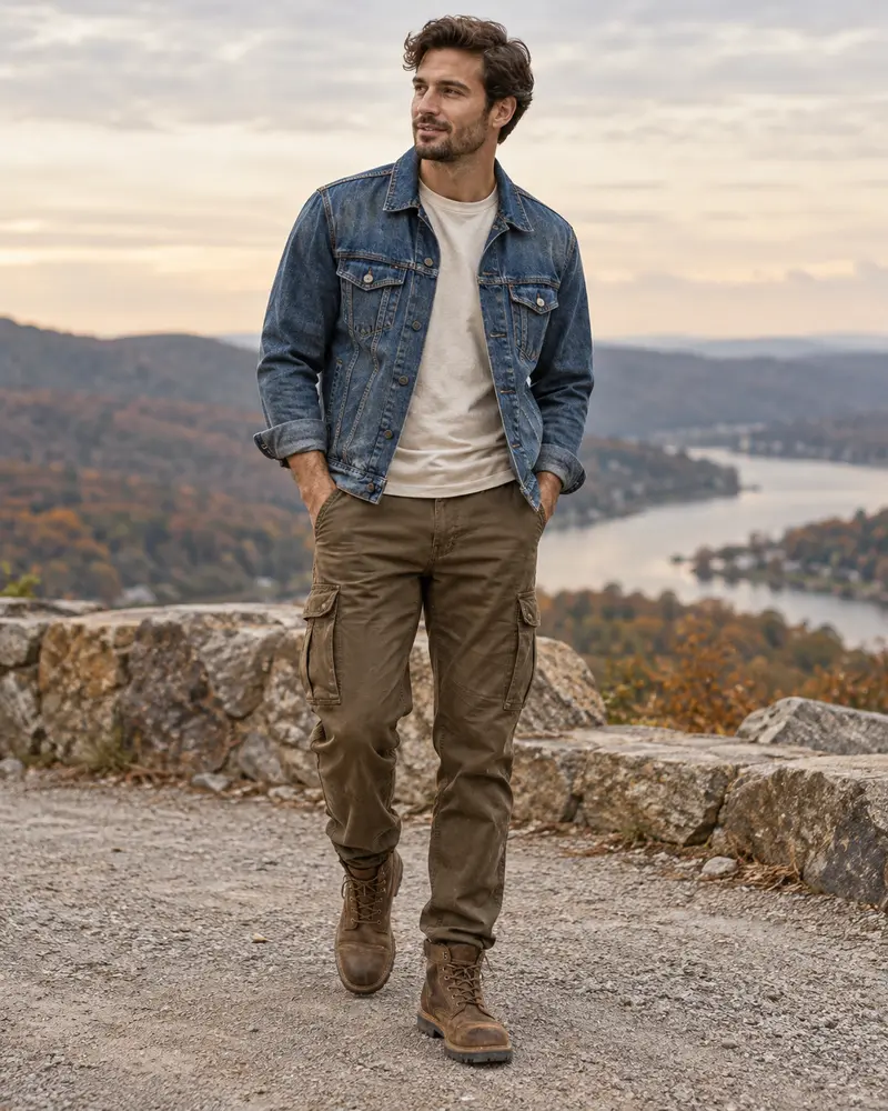Brown Cargo Pants + Denim Jacket + T-Shirt + Boots
