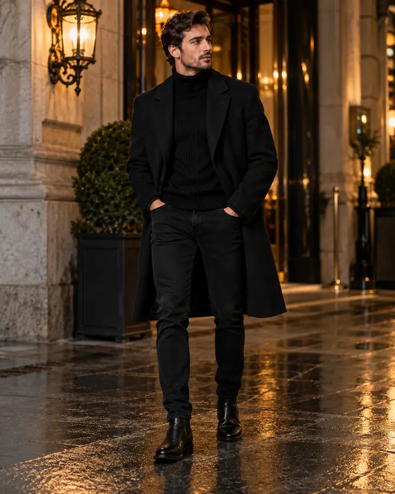 Black Overcoat + All-Black Outfit + Leather Boots