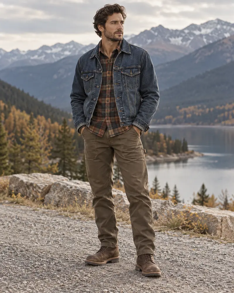 Denim Jacket + Flannel Shirt + Work Pants + Boots