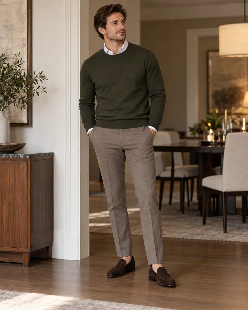 White Shirt + Knit Sweater + Trousers + Loafers
